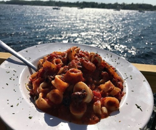 A plate of pasta in tomato sauce, garnished with herbs, set against a shimmering water backdrop.