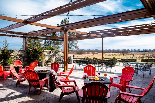 Outdoor seating area with red chairs, a fire pit, and a scenic view of vineyards under a blue sky.