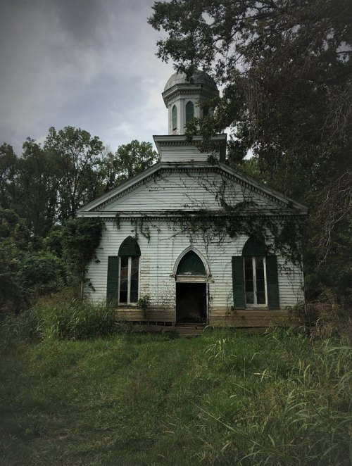 Abandoned church with a tower, overgrown with vines, surrounded by tall grass and trees under a cloudy sky.