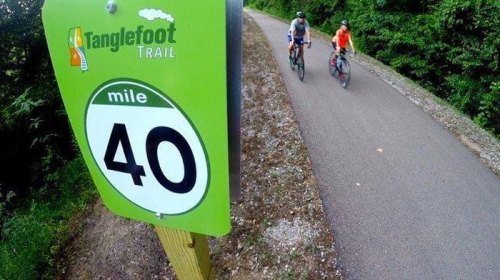 Two cyclists ride along the Tanglefoot Trail, passing a green mile marker sign that reads "40."