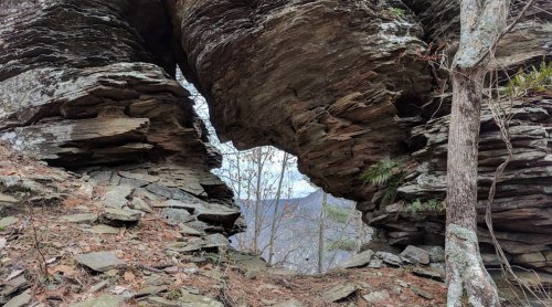 A natural rock arch surrounded by trees and rocky terrain, with a view of distant mountains in the background.
