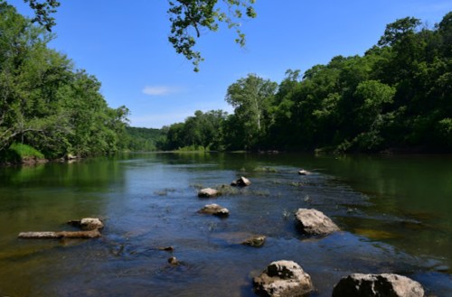 A serene river scene with clear water, rocky outcrops, and lush green trees under a bright blue sky.