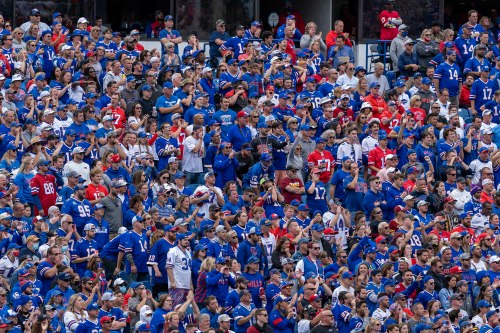 A large crowd of fans in blue and red jerseys, cheering and celebrating at a sports event.