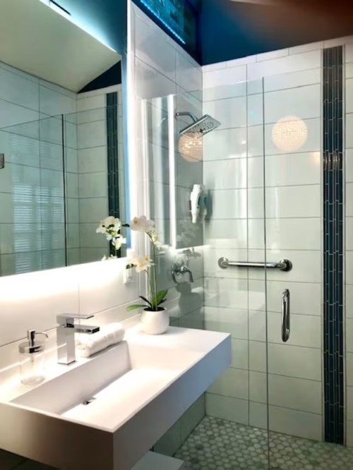 Modern bathroom featuring a glass shower, sleek sink, and elegant decor with plants and soft lighting.