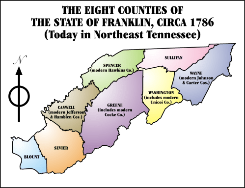 Map of the eight counties of the State of Franklin, circa 1786, located in present-day Northeast Tennessee.