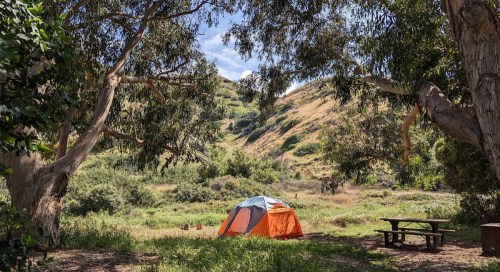 A bright orange tent set in a grassy area surrounded by trees and hills under a clear blue sky.