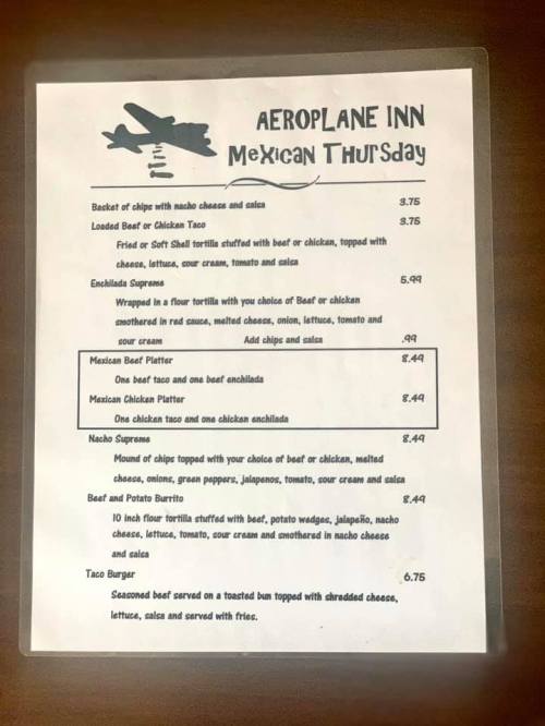 Menu for Aeroplane Inn's Mexican Thursday featuring various dishes with prices, including tacos, enchiladas, and nachos.