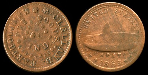 Two sides of an antique coin featuring inscriptions and a depiction of a ship, dated 1863.