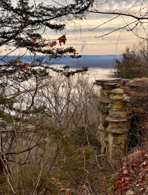 A rocky cliff overlooks a river, surrounded by bare trees and a cloudy sky in a serene landscape.