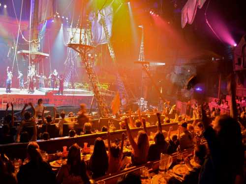 A lively theater scene with performers on stage, colorful lights, and an audience cheering at a dinner show.