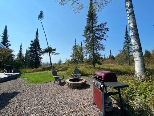 A backyard scene with a grill, fire pit, and chairs surrounded by trees and a clear blue sky.