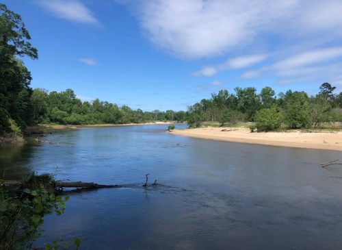 A serene river flows through a lush green landscape under a blue sky with scattered clouds.