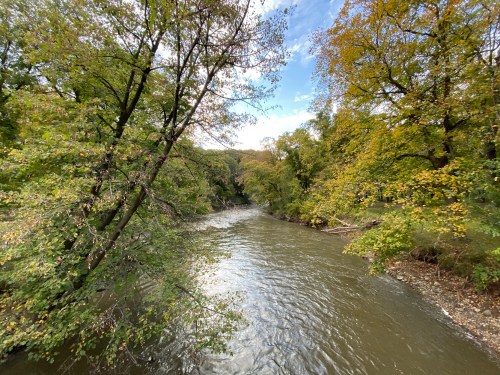 A serene river flows through a lush landscape of trees with autumn foliage under a partly cloudy sky.