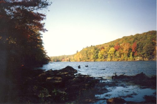 A serene lake surrounded by colorful autumn trees and rocky shoreline under a clear blue sky.