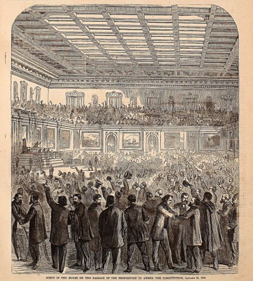 Historic illustration of a crowded legislative chamber celebrating the passage of a constitutional amendment, January 31, 1865.