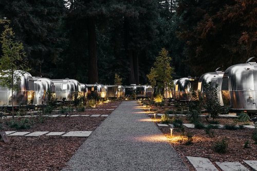 A pathway lined with illuminated Airstream trailers among tall trees in a serene forest setting.