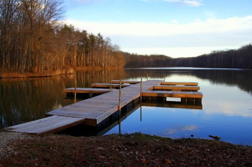 A serene lake scene featuring a wooden dock extending into calm waters, surrounded by trees and a clear blue sky.