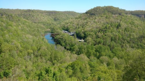 A lush green valley with a river winding through it, surrounded by hills and trees under a clear blue sky.