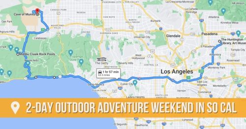 Map showing a route for a 2-day outdoor adventure weekend in Southern California, highlighting key locations.