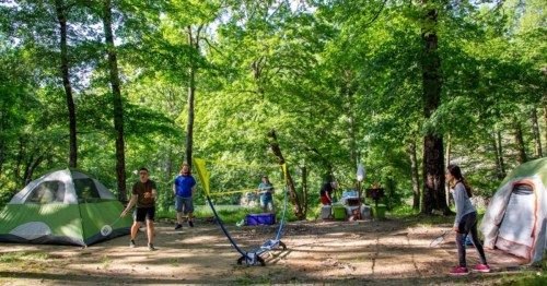 A group of people playing badminton near tents in a lush, green campsite surrounded by trees.