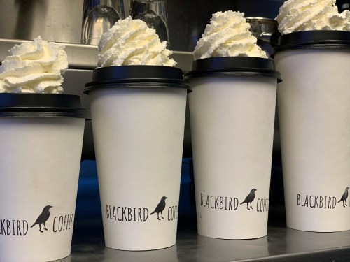 Four coffee cups with whipped cream, featuring the logo "Blackbird Coffee" on a countertop.