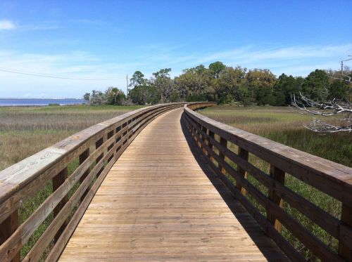 A wooden boardwalk curves through a grassy landscape under a clear blue sky.