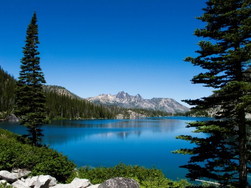 A serene lake surrounded by lush trees and mountains under a clear blue sky.