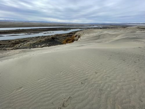 A sandy landscape with ripples, leading to a river and distant hills under a cloudy sky.