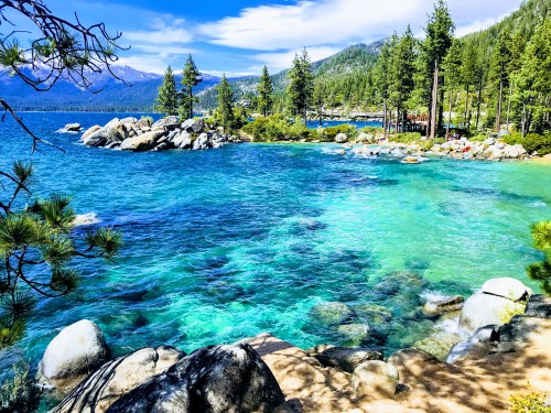 A serene lake scene with clear turquoise water, rocky shores, and pine trees under a blue sky with scattered clouds.