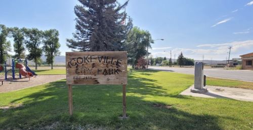 Sign for Cokeville City Park, surrounded by trees and grass, with playground equipment visible in the background.