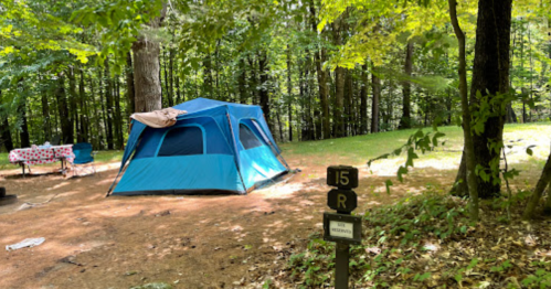 A blue tent set up in a wooded campsite, with a picnic table nearby and a sign marking campsite number 15.