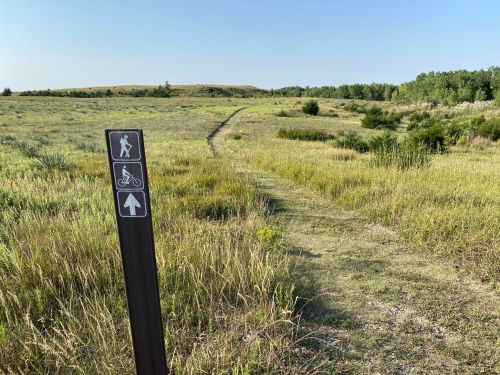 A trail sign indicating paths for walking and biking in a grassy landscape under a clear blue sky.