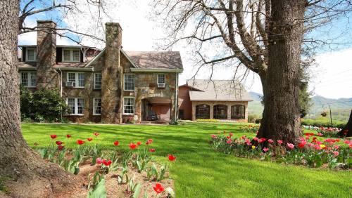 A charming stone house surrounded by vibrant tulips and lush green grass, with trees framing the scene.
