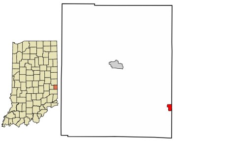 Map showing the location of a small area in Indiana, with a highlighted region in red and a county inset on the left.