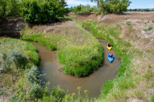 Two kayakers navigate a winding, grassy waterway surrounded by lush greenery and open fields.
