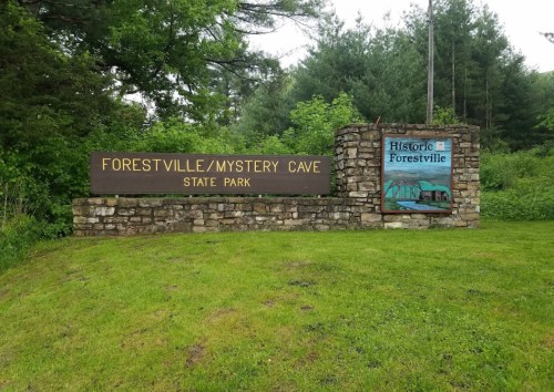 Sign for Forestville/Mystery Cave State Park, featuring stone structure and greenery in the background.