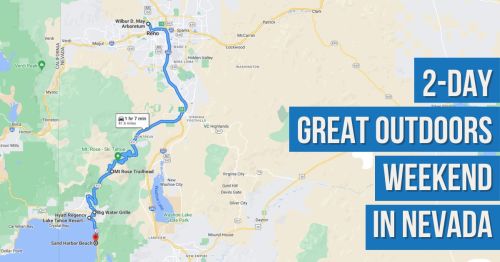 Map highlighting a 2-day outdoor weekend itinerary in Nevada, featuring locations like Reno and Lake Tahoe.