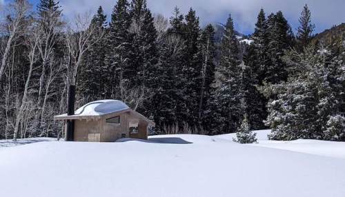 A small, modern cabin partially buried in deep snow, surrounded by tall evergreen trees and mountains in the background.