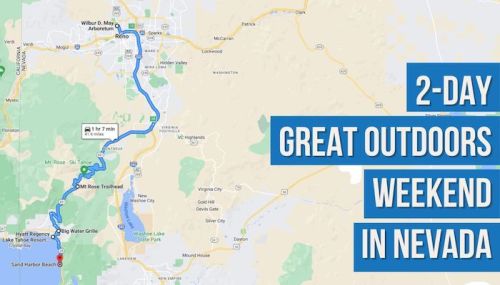 Map showing a route for a 2-day outdoor weekend trip in Nevada, highlighting Reno and nearby attractions.