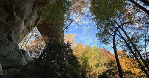 View from beneath a rocky overhang, showcasing vibrant autumn foliage and a clear blue sky.