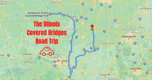 Map showing a road trip route through Illinois, highlighting covered bridges with a car icon and text overlay.