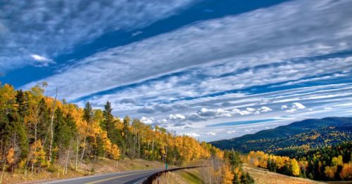 A winding road through vibrant autumn trees under a blue sky with wispy clouds and distant mountains.