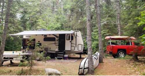 A camper and a red truck parked in a wooded area, surrounded by trees and outdoor gear.