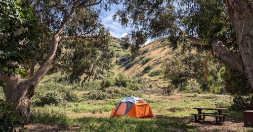A bright orange tent set up in a lush green campsite surrounded by trees and hills under a clear blue sky.