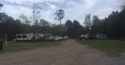 A gravel road lined with RVs and trucks in a wooded campground, surrounded by trees and a cloudy sky.