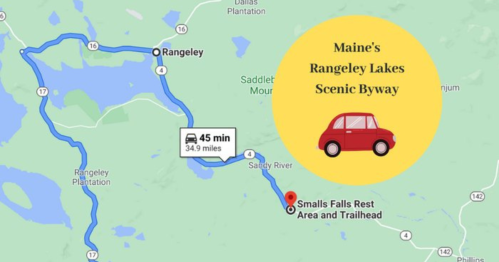 Map of Maine's Rangeley Lakes Scenic Byway, showing a 34.9-mile route to Smalls Falls Rest Area and Trailhead.