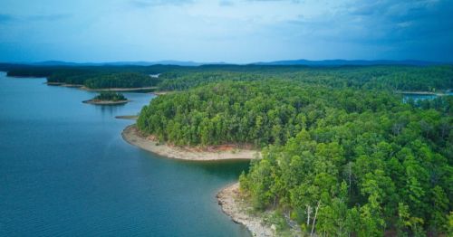Aerial view of a serene lake surrounded by lush green forests and distant hills under a cloudy sky.