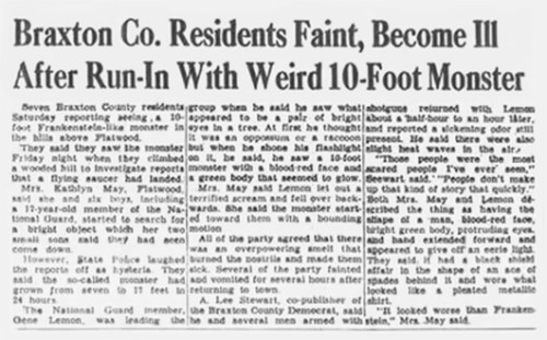 Newspaper article about Braxton County residents fainting after encountering a strange 10-foot monster.