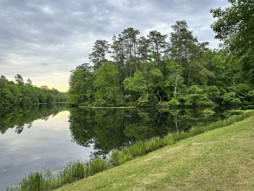 A serene lake surrounded by lush trees, reflecting the cloudy sky and greenery on the water's surface.
