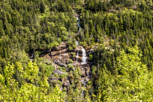 A scenic view of a waterfall cascading down rocky cliffs, surrounded by lush green trees and foliage.